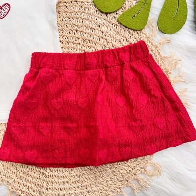 Conj. Blusa Coração com Strass e Short Saia Anarruga - Off White e Vermelho